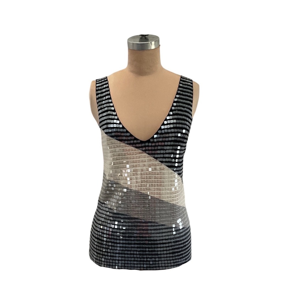 Armani Exchange Sequin Knit Tank Top Black Silver V Neck Party Cocktail Size‎ M